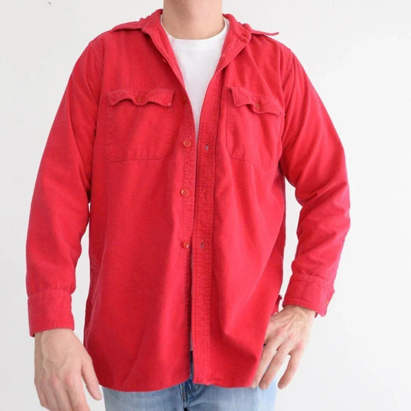 Vintage L.L. Beans Red Thick Cotton Fleece Outdoor Button Up Shirt Size 15 1/2 - Picture 2 of 12
